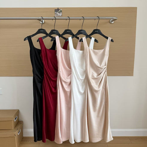 Square Neck Side Fold Split Satin Dress